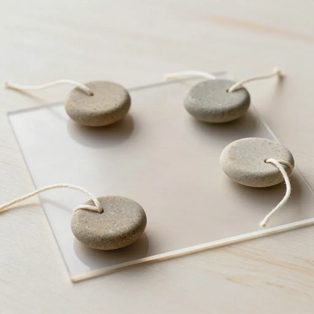 Stone chips, string loops, and acetate sheets arranged as a simple map on pale wood.