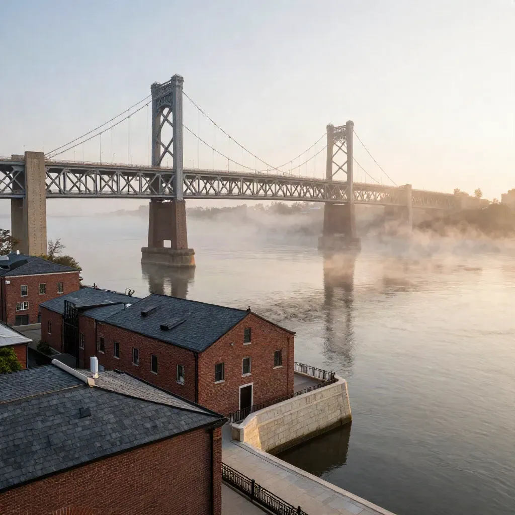Riverfront skyline with a steel bridge over a glassy river in low fog.