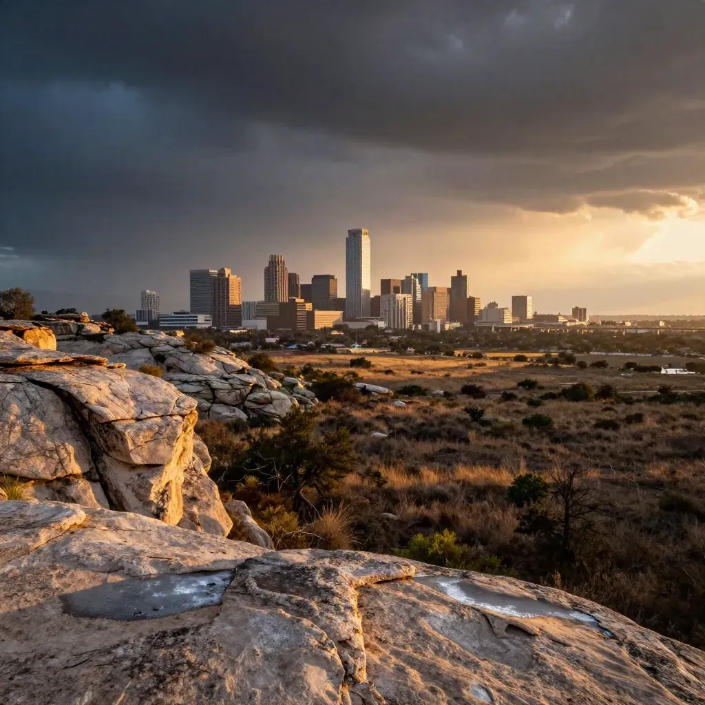 Austin skyline over limestone hills at golden hour after rain, beneath a huge stormy Texas sky.