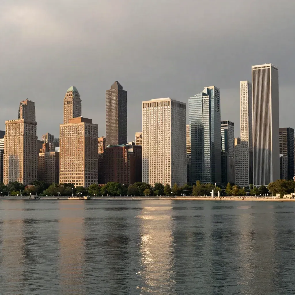 Hazy Chicago skyline above a calm lakefront foreground after summer storm light