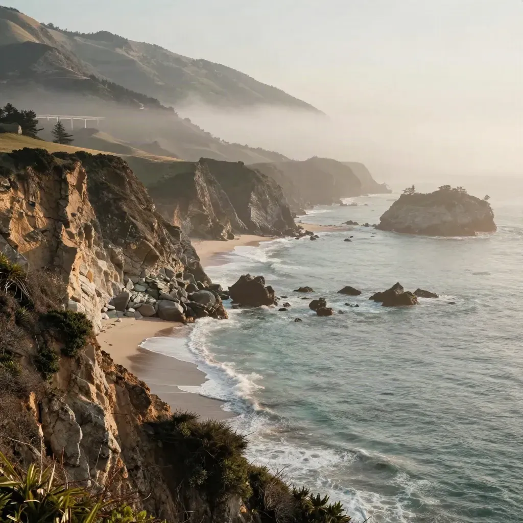 Foggy West Coast cliffs with a faint bridge above a calm misty shoreline.
