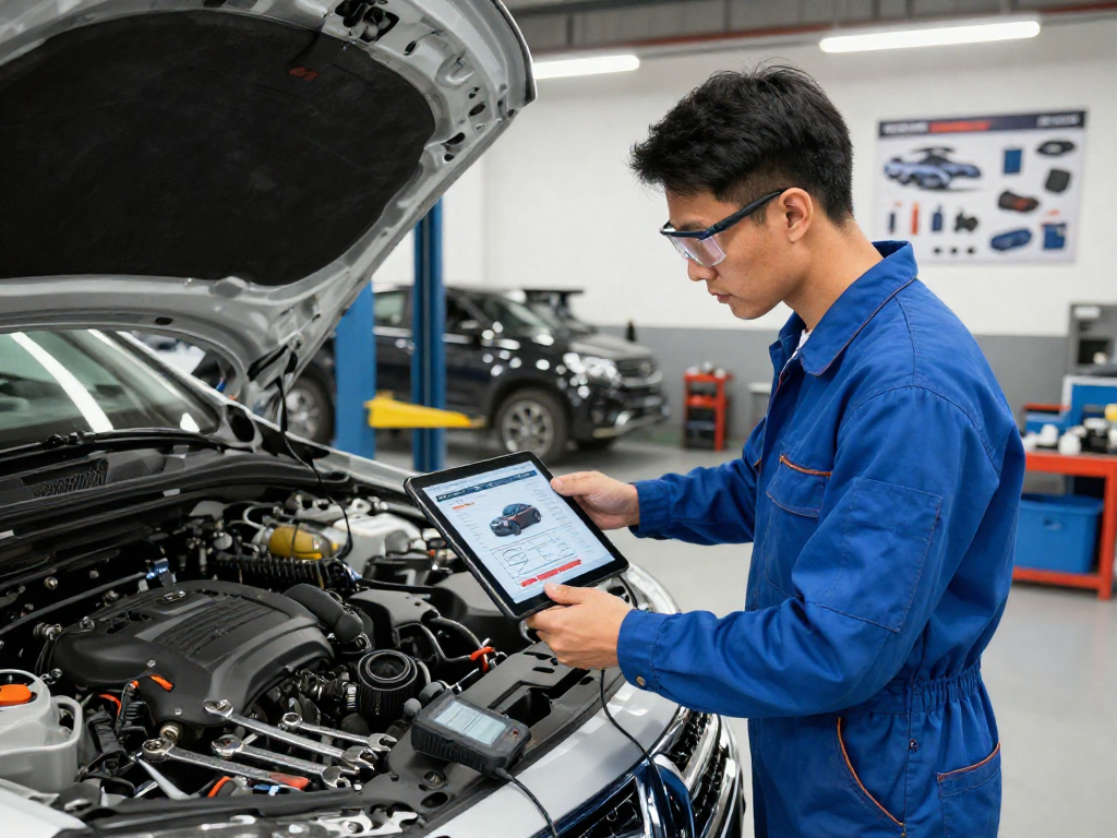 Mechanic reviewing a full vehicle history report while inspecting an engine in a professional garage.