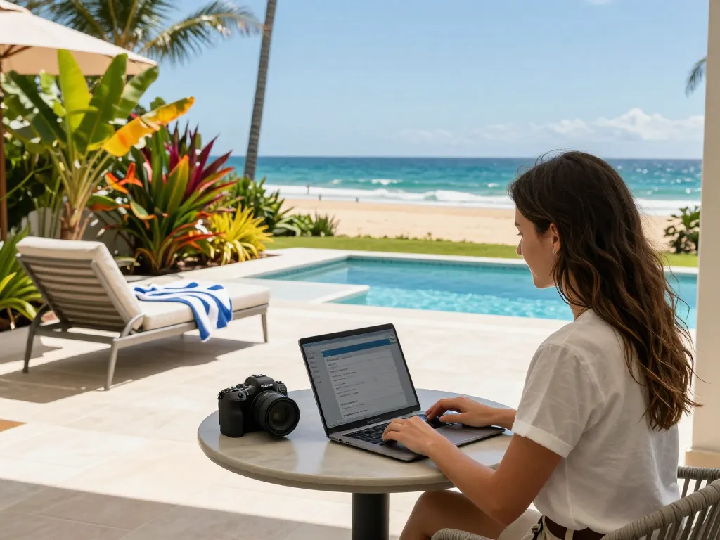 Inviting atmosphere of Airbnb management in Gold Coast, manager reviewing bookings amid a vibrant coastal setting.