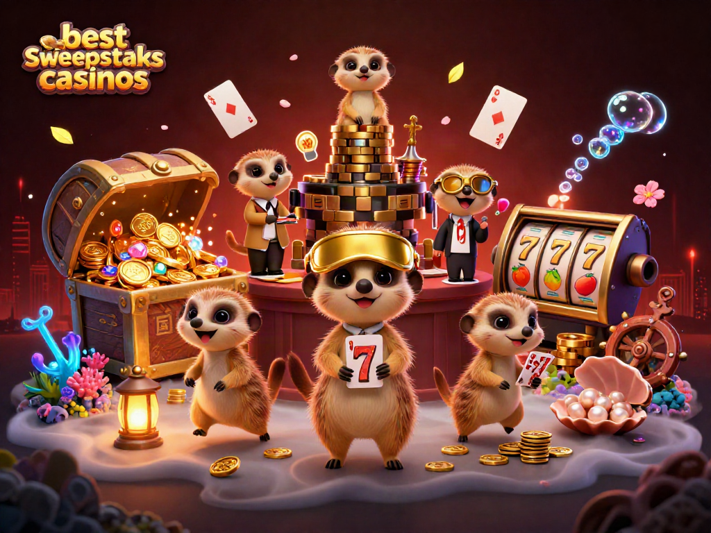 Experience the excitement of the best sweepstakes casinos with playful meerkats managing a vibrant casino.
