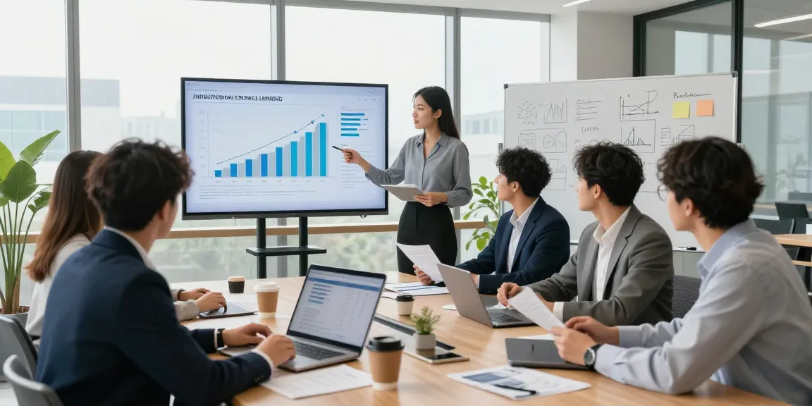 Team discussing international project finance lending strategies in a modern corporate conference room, showcasing collaboration and financial metrics.