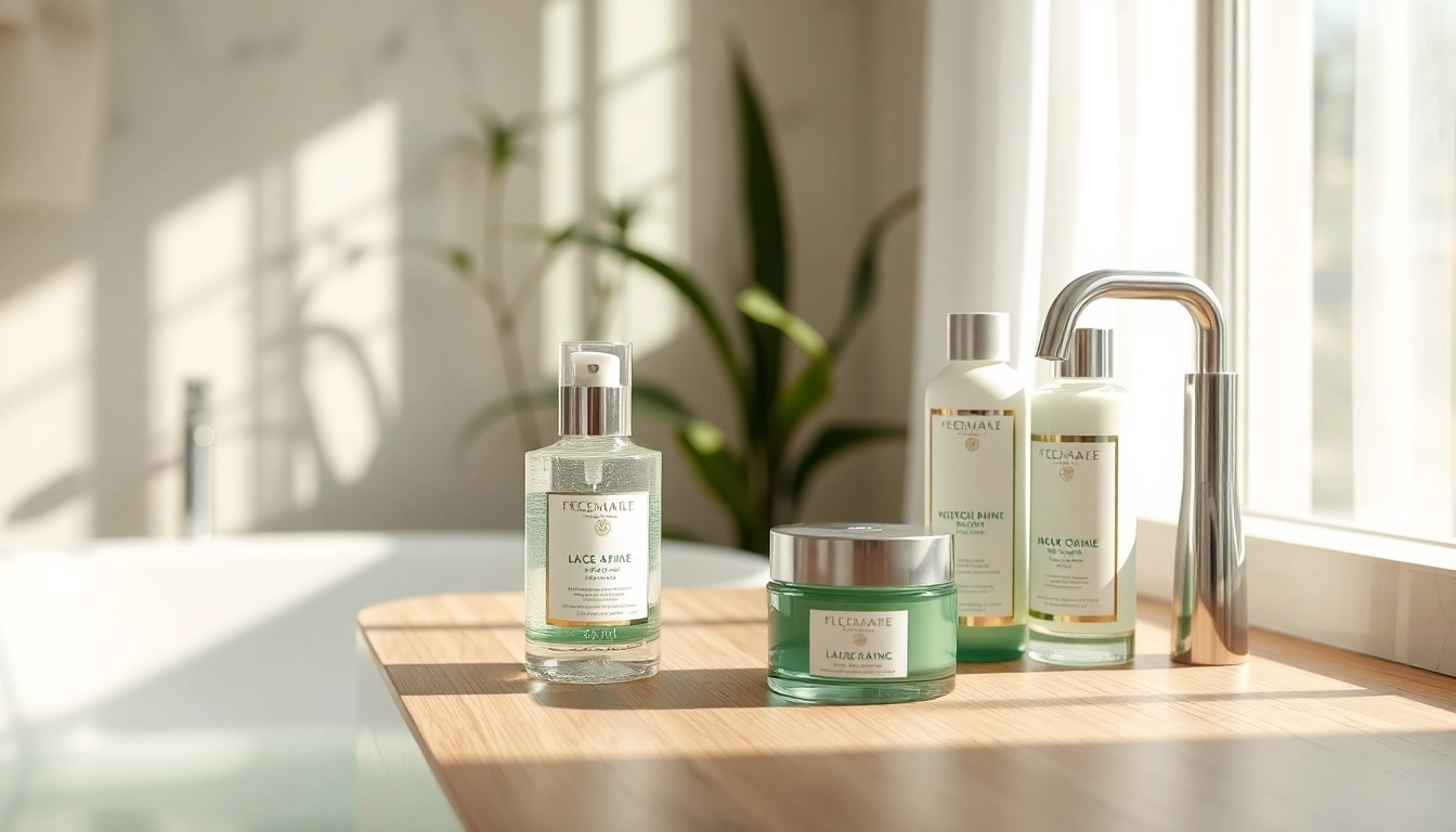 Microbiome friendly skincare products elegantly displayed in a serene bathroom, reflecting natural beauty.