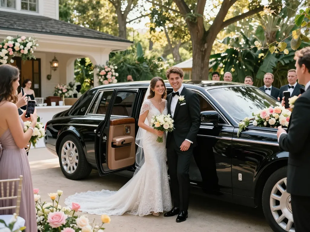 Wedding limo service for a couple stepping out of a luxury limousine in front of a wedding venue.