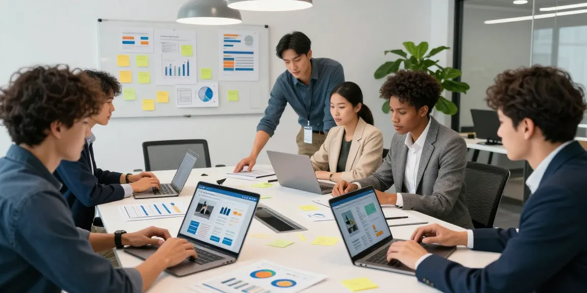 Professionals collaborating on a marketplace for service businesses in a modern office setting, showcasing teamwork and technology.