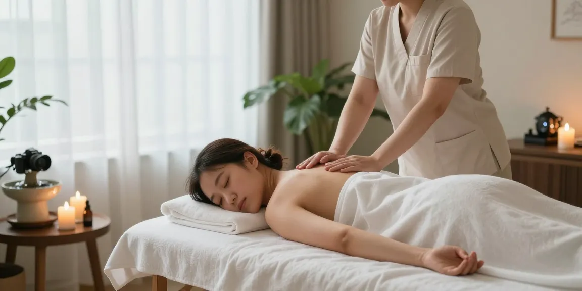 Relaxing 오산출장마사지 therapy session in a tranquil home spa setting with calming natural light.