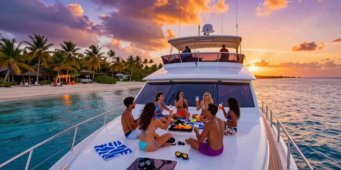 Punta Cana yacht rental experience with friends celebrating on a private yacht during sunset.