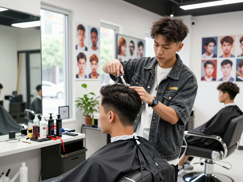 ROKOK88 barber shop scene with stylish haircut being done in a modern salon