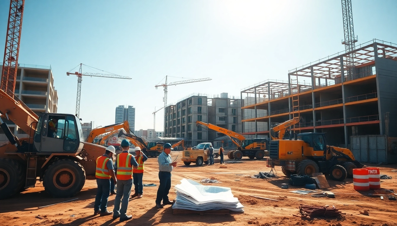 Engaging scene of Carolina construction news with workers planning and vibrant machinery.