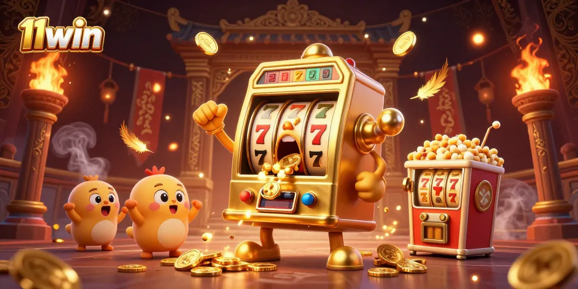 Winning jackpot action with 11win's golden slot machine in a celebratory casino theme.