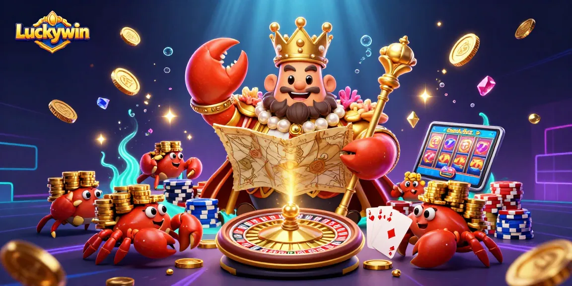 Experience Luckywin's thrilling world of games with golden crab emperor and vibrant casino elements.