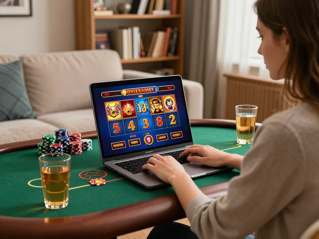Player enjoying online casino games at home with 32win on their laptop, reflecting excitement and strategy.