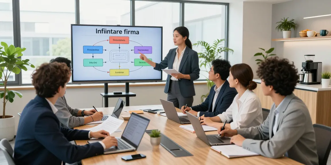 Procesul de înființare firmă detaliat într-un birou modern, cu membrii echipei colaborând.