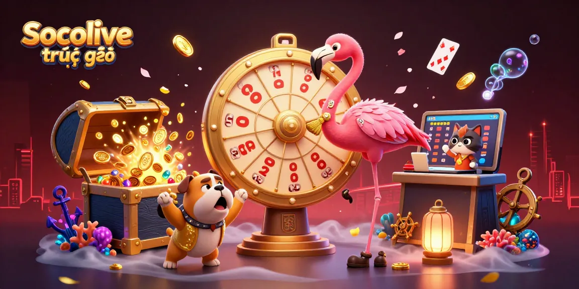 Socolive trực tiếp showcases exciting dynamic action with a game show host and contestant in a vibrant casino-style scene.