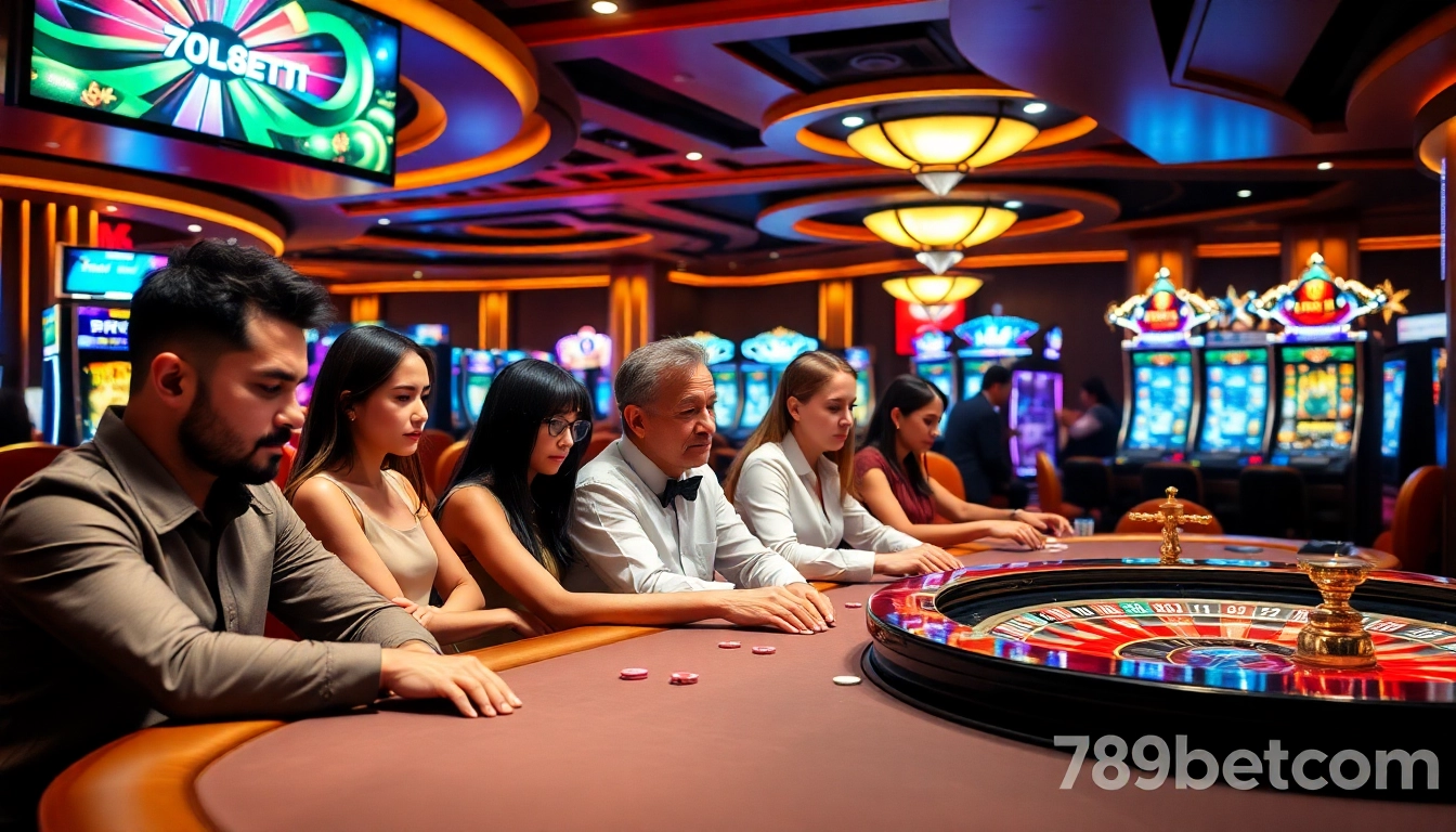 A vibrant scene of players enjoying games at 789betcom casino, showcasing excitement and luxury.