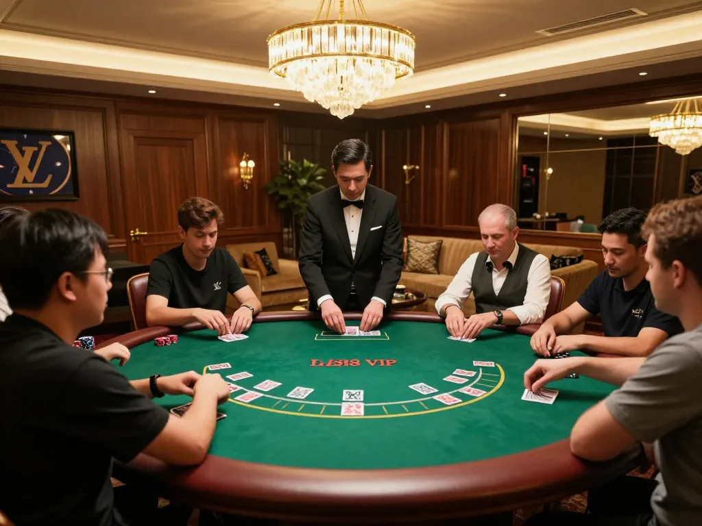 Players enjoying high-stakes poker at LV88 VIP room, surrounded by elegant decor and casino ambiance.