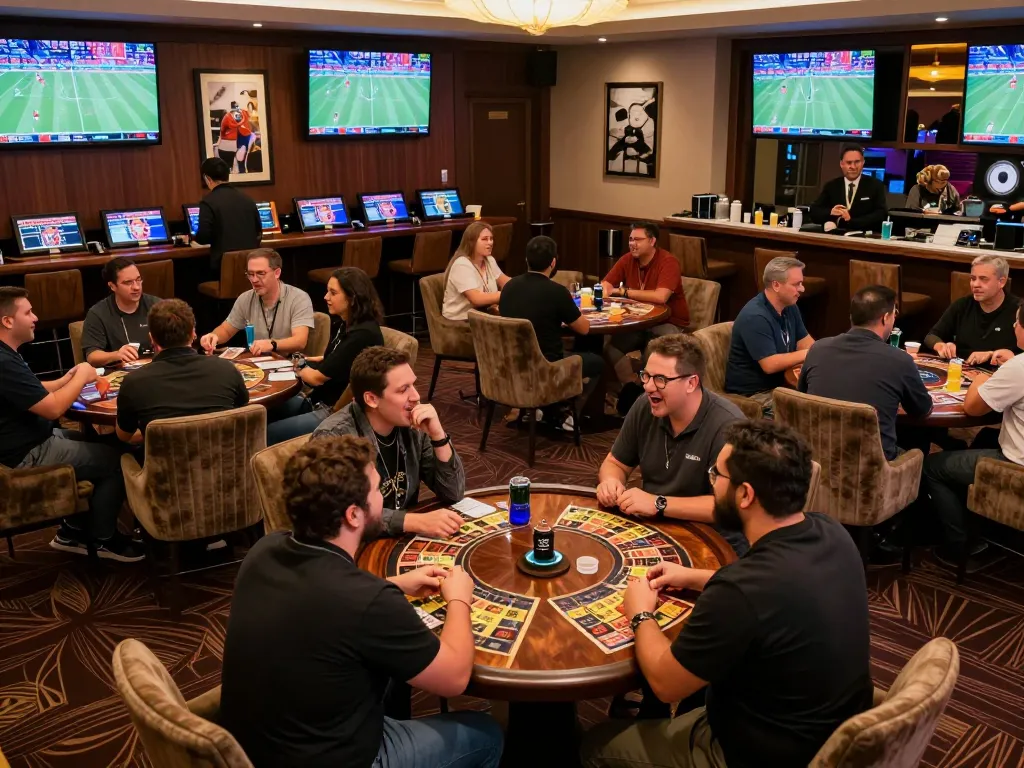 Kegiatan menarik taruhan Mix Parlay di lounge olahraga dengan penjudi antusias yang merencanakan taruhan mereka.