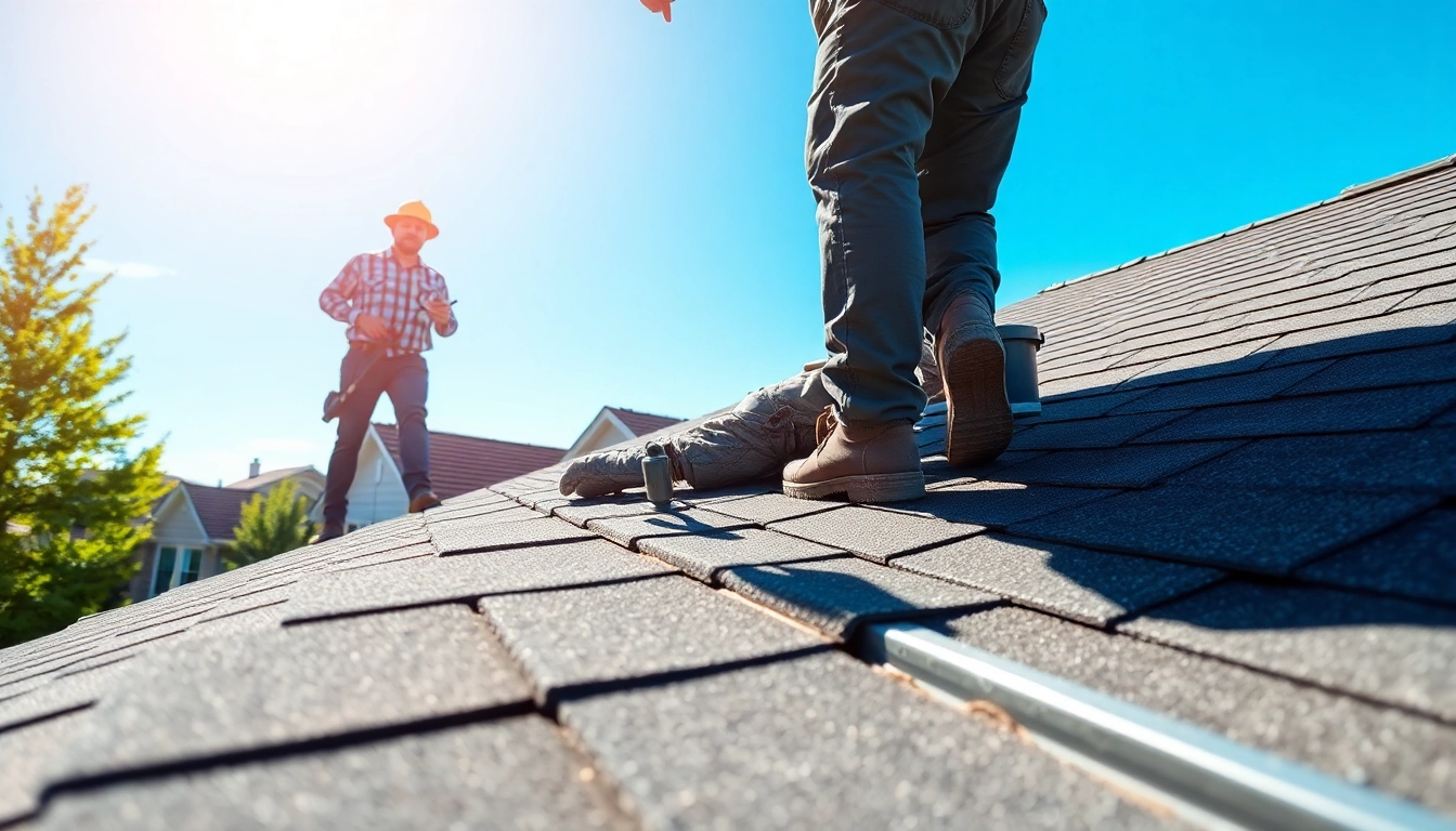 Roofing contractor inspecting a rooftop, highlighting professional skills and quality materials.