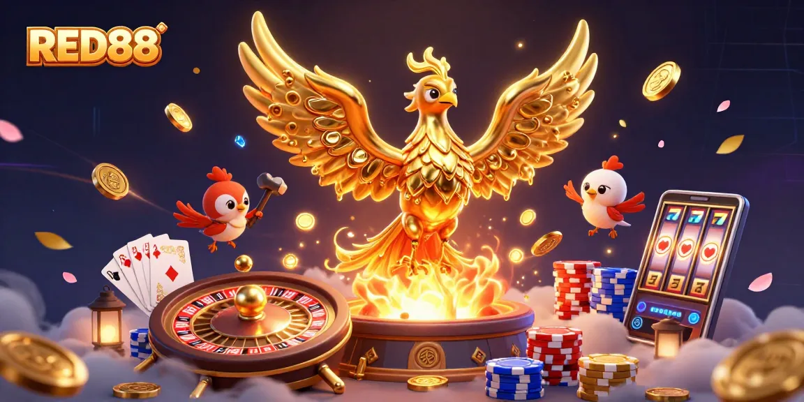 Experience the thrill of RED88 with a vibrant display of cascading coins and a golden phoenix in a dynamic casino scene.