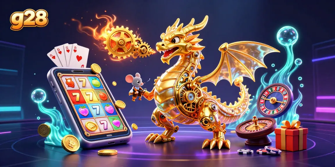 Experience thrilling gameplay with g28 in an ultra-detailed 3D casino scene featuring a dragon and slot games.
