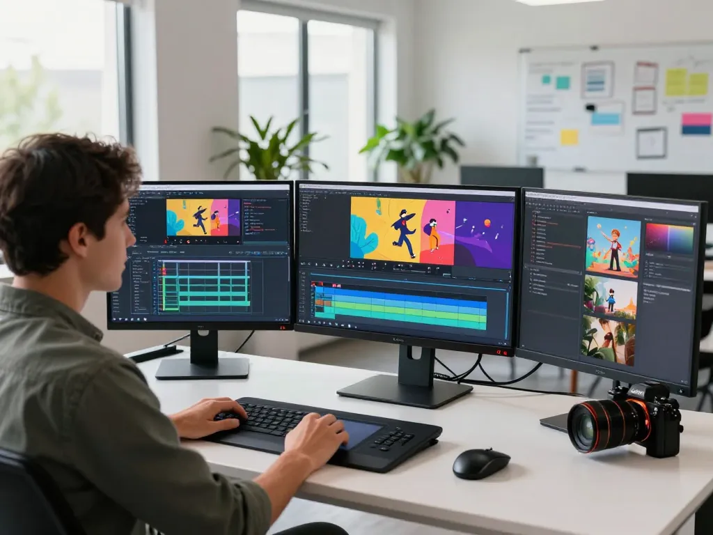 Creative professional using Kling motion ai in a modern workspace, editing vibrant videos on high-resolution monitors.