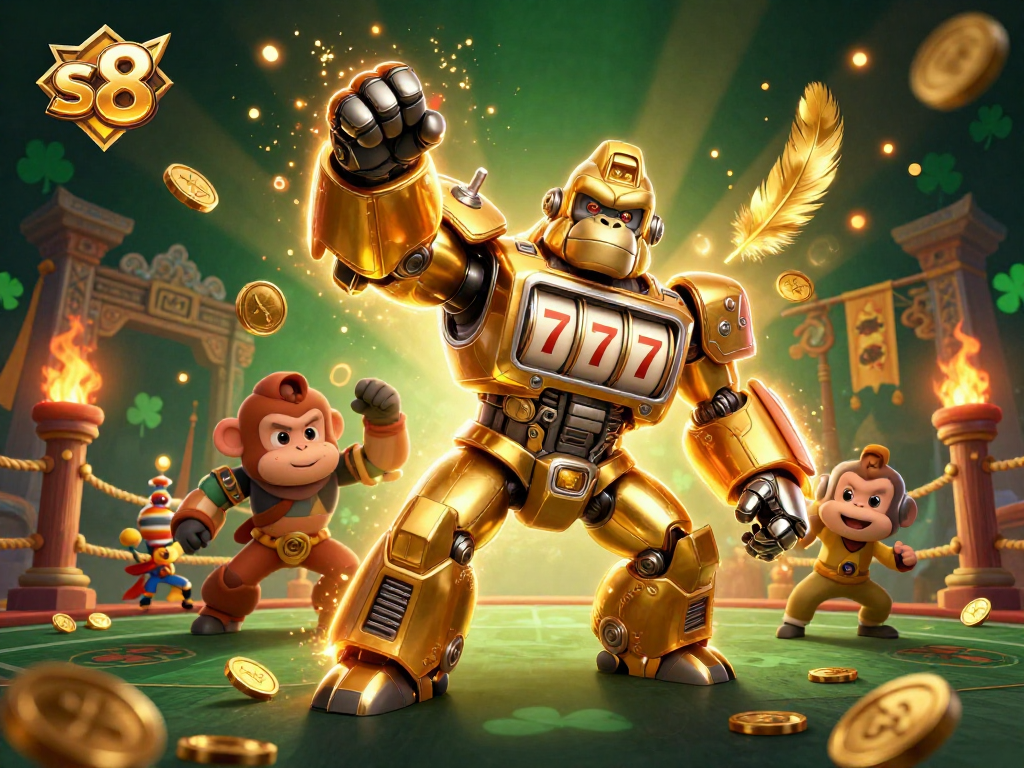 Engage in the thrilling world of s8 with golden gorilla mech and dynamic casino elements captivating players.