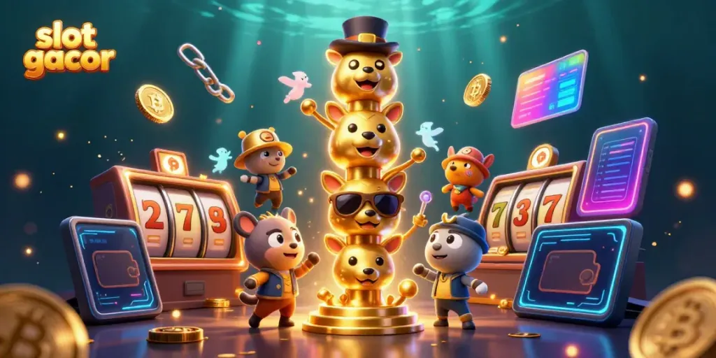 Menggulung jackpot slot gacor dengan simbol keberuntungan dan koin Ethereum di latar belakang.