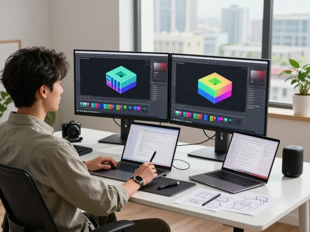 Designer using text to cad software in modern workspace with dual monitors.