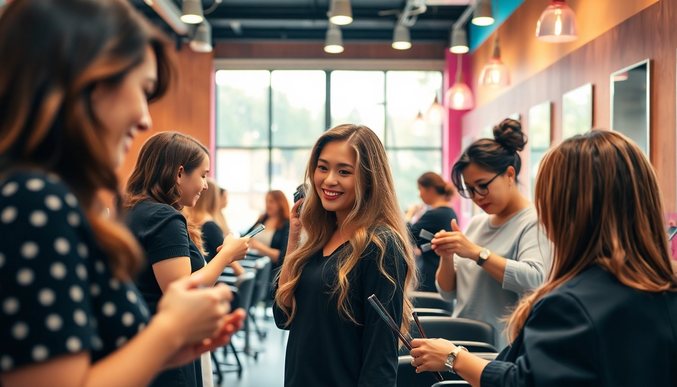 A vibrant scene depicting award winning hair salons with skilled stylists and clients enjoying luxury hair transformations.
