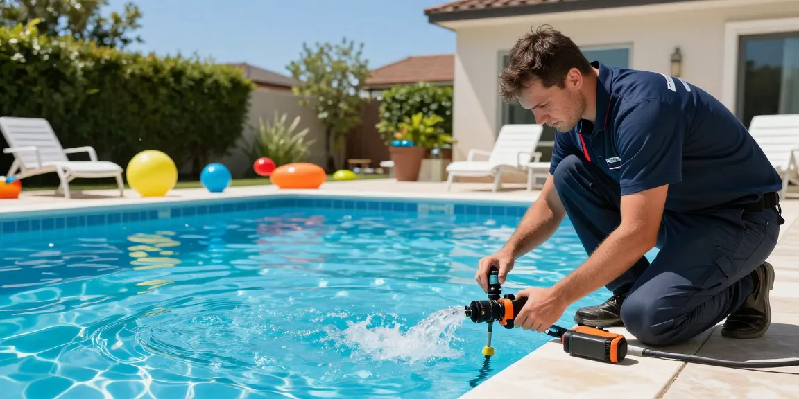 Dolphin Pool Services technician performing leak detection under bright sunlight, showcasing a well-maintained pool.