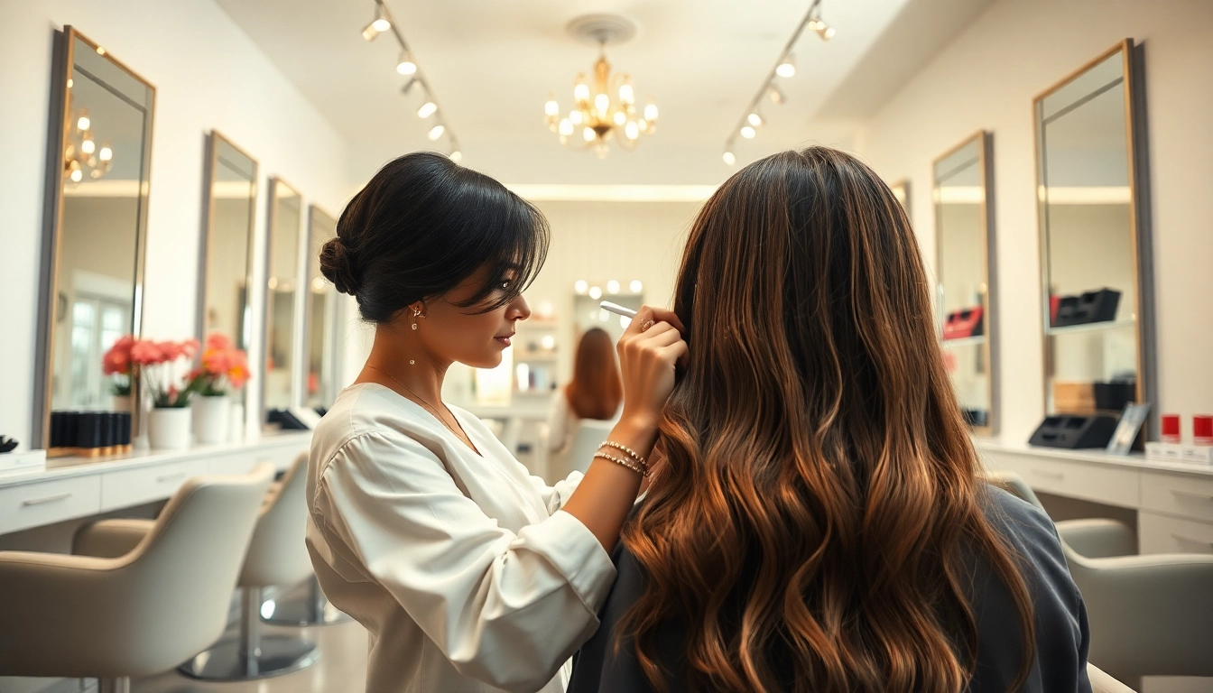 Coiffeur femme stylist skillfully arranging a client's hair in a modern salon setting.