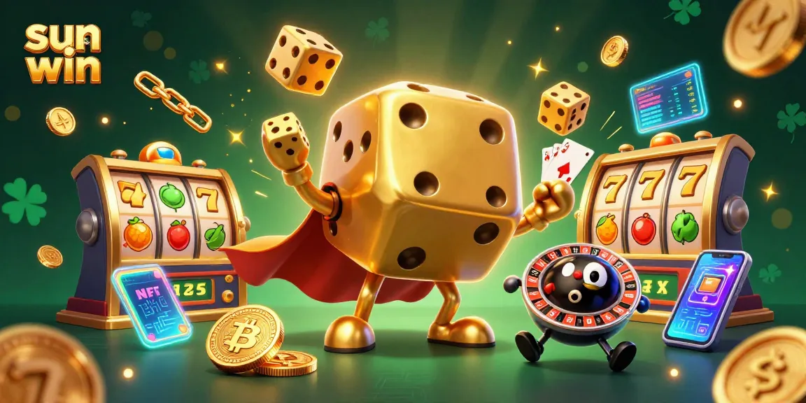 Experience sun win with a thrilling 3D illustration showcasing a golden dice golem and slot reels.