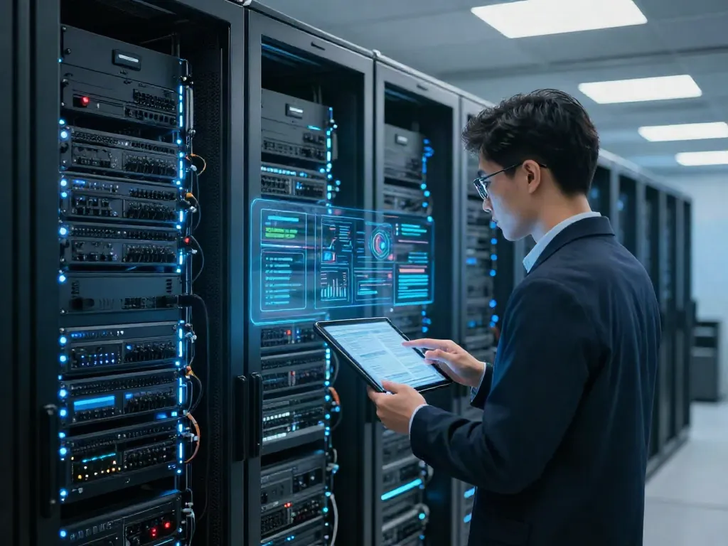 Network penetration test in a modern data center with illuminated servers and cybersecurity technology.