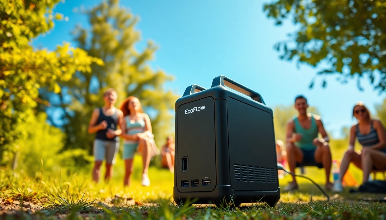 Experience the EcoFlow power station enhancing outdoor activities with sleek design and lively setting.