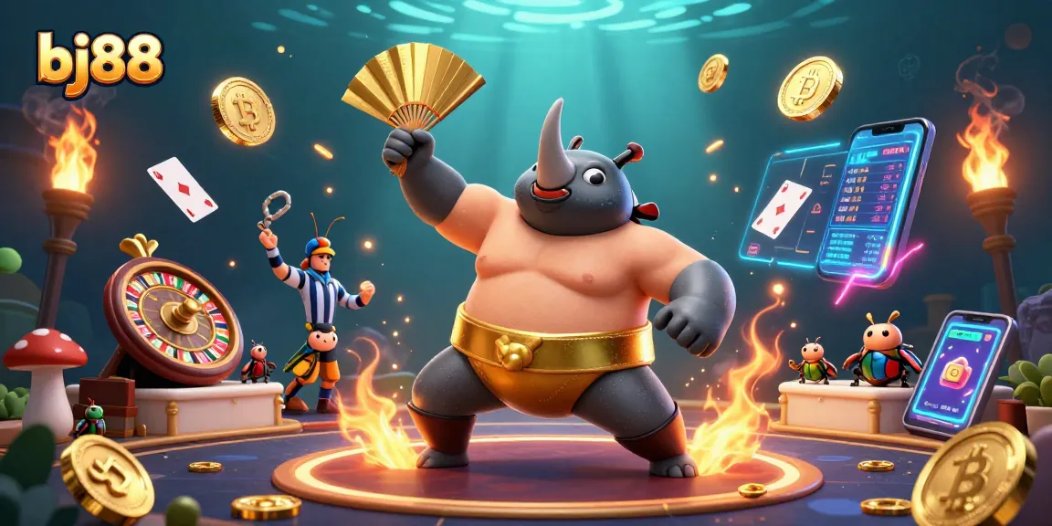 Bettors experiencing thrilling action at bj88 with a sumo beetle champion amidst a vibrant casino atmosphere.