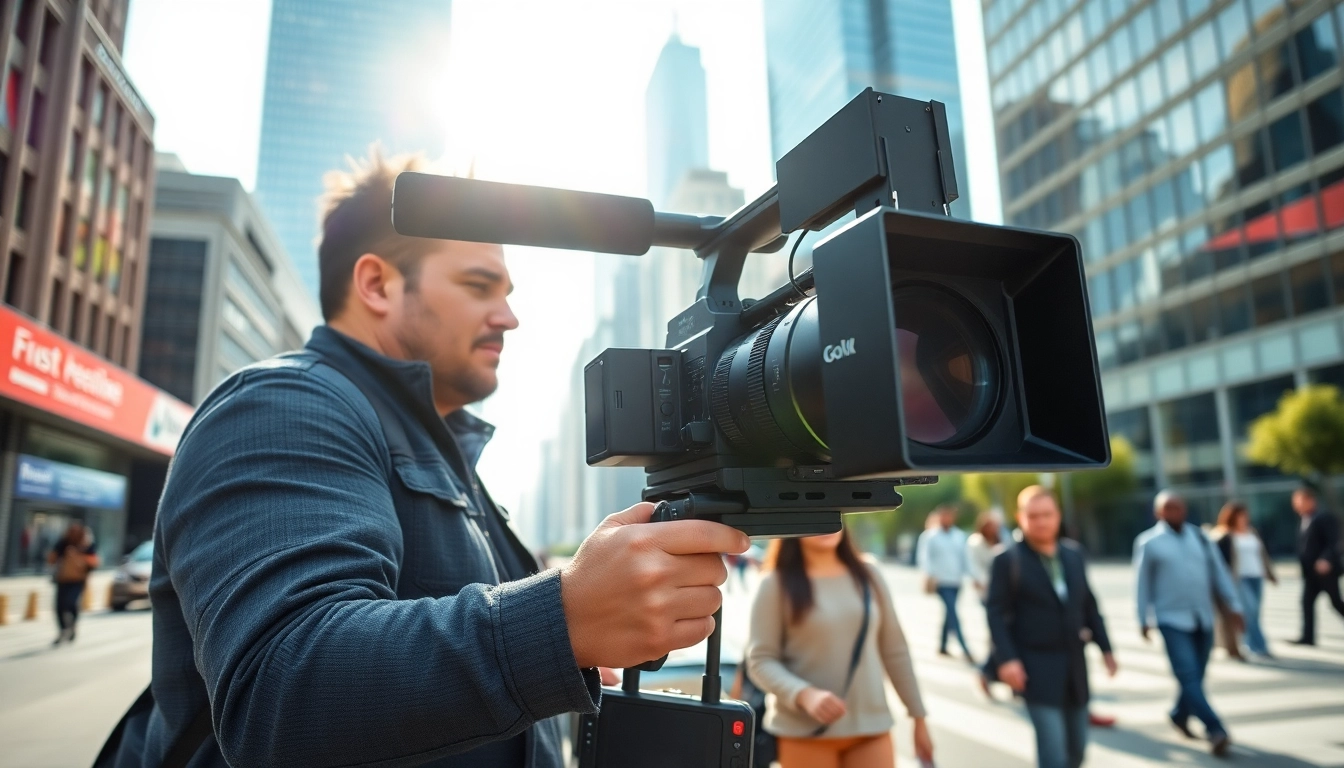 Highlighting Commercial videography with a professional in an urban setting, capturing dynamic scenes.