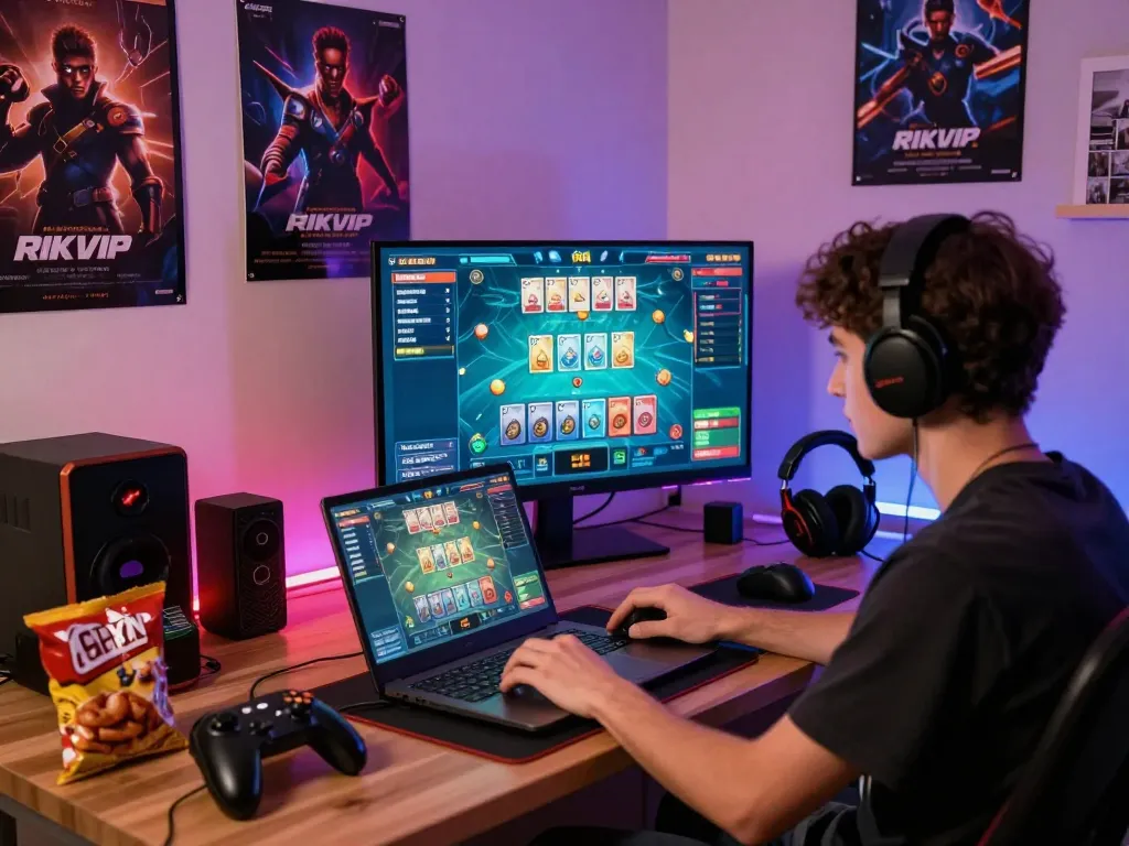 Excited gamer engrossed in playing rikvip with vibrant gaming setup and interface.