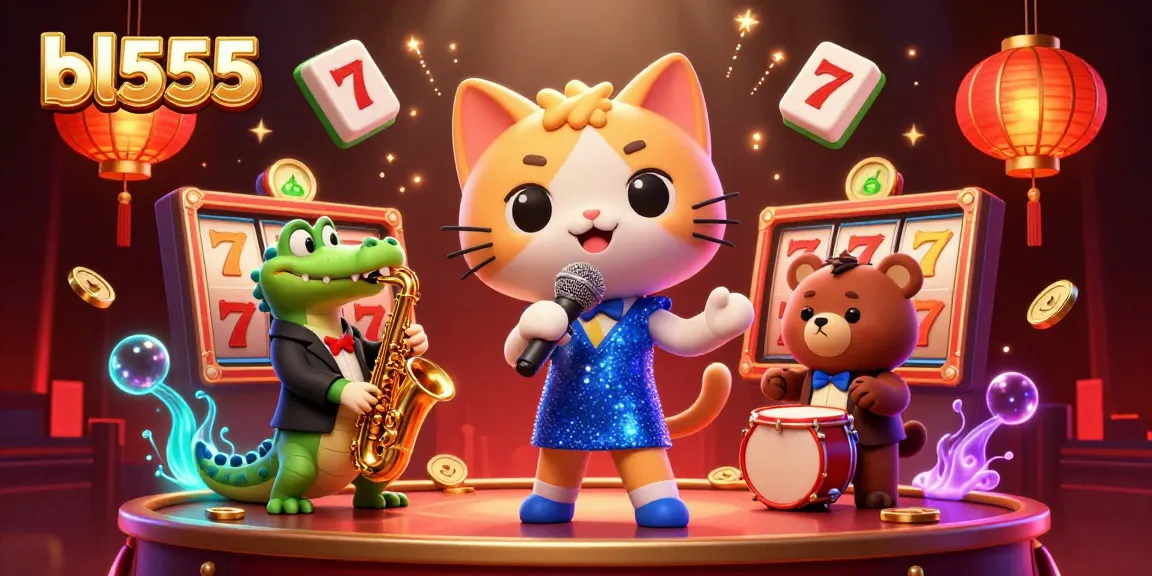 Experience the excitement of bl555 with a jazz-singer cat, dancing crocodile, and bear cub in a vibrant casino scene.