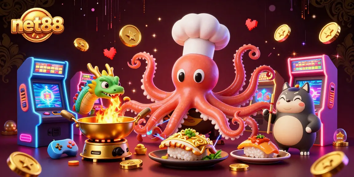 Engage with net88's thrilling jackpot experience featuring an octopus chef and vibrant gaming elements.