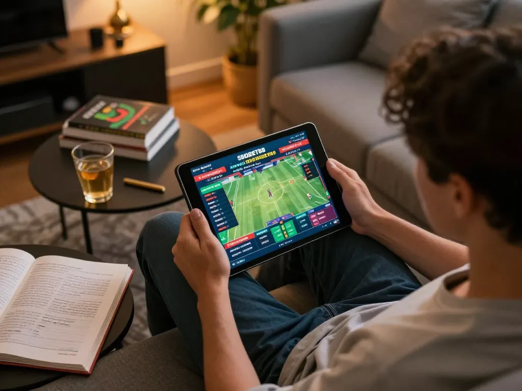 SBOBET88 taruhan olahraga di tablet dengan peluang langsung dan statistik yang ditampilkan, menunjukkan pengalaman perjudian yang menarik.