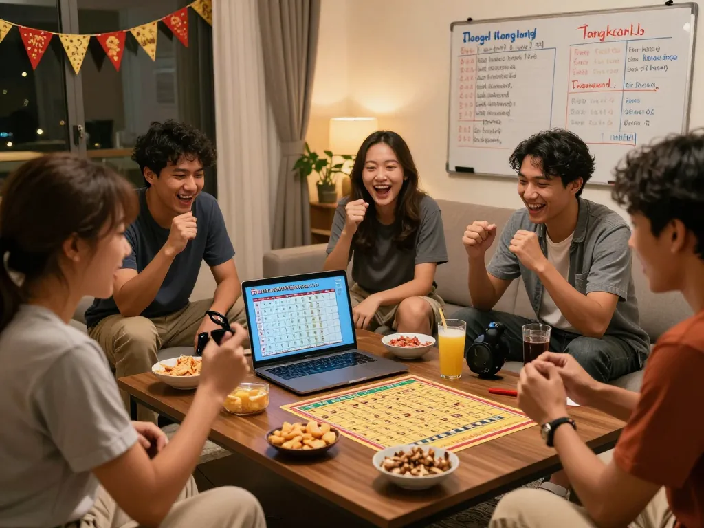 Teman-teman merayakan malam Togel Hongkong Lotto dengan hasil Pengeluaran HK Lotto ditampilkan di laptop.