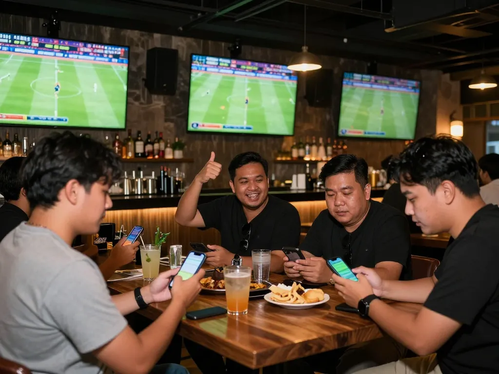 Suasana taruhan Judi Bola yang mengasyikkan dengan penggemar yang memasang taruhan di lingkungan bar olahraga yang ramai.