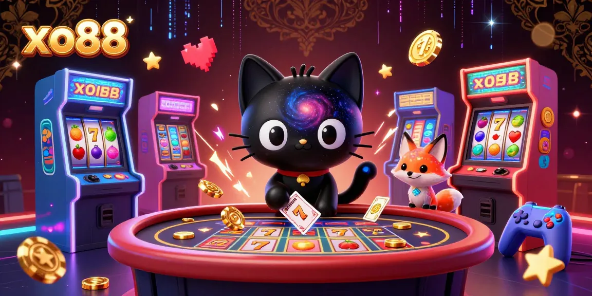 Experience the thrill of xo88 as a cosmic cat draws in golden casino chips in this vibrant gaming illustration.