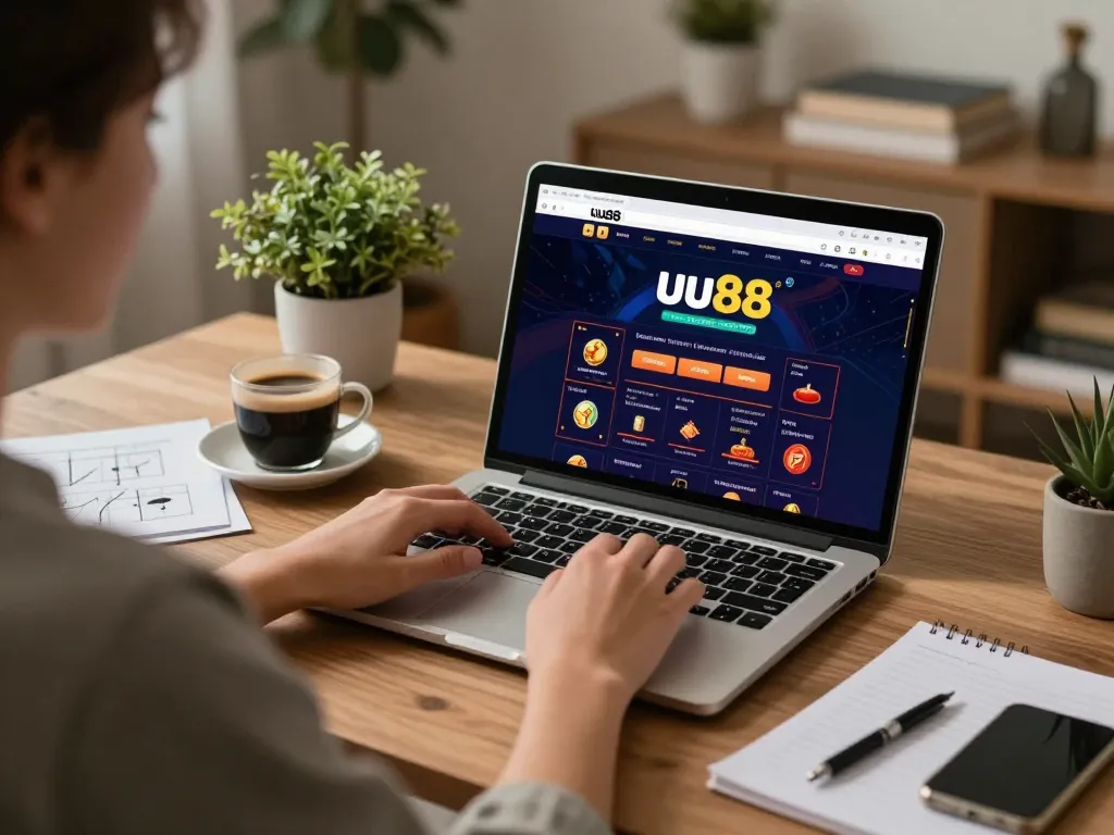 Engaging online gambling experience at uu88 with a player analyzing strategies on a laptop.