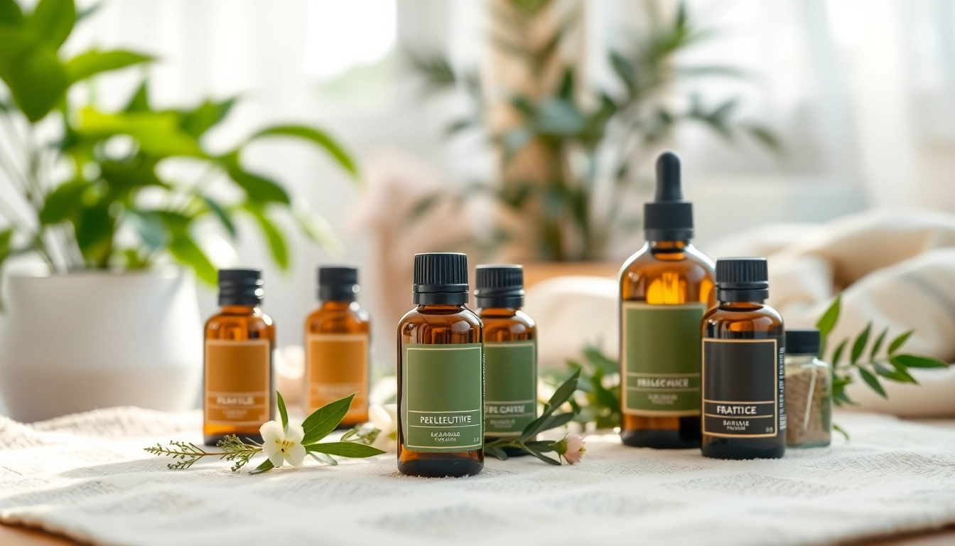 Showcase https://amc-essentials.com/ essential oils in a bright home setting with lush greenery.