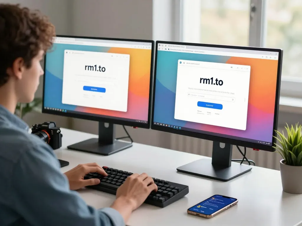 Secure rm1.to login experience in a modern tech workspace, highlighting user engagement and simplicity.