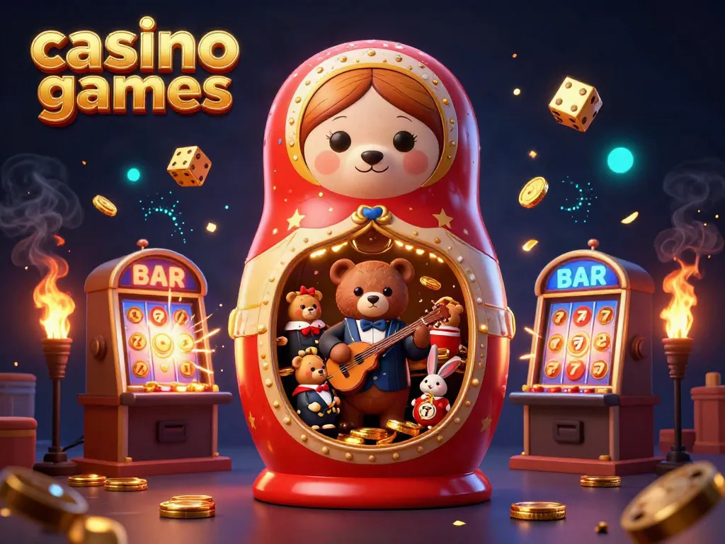 Engage in thrilling casino games with playful bears and a serenading rabbit in a vibrant 3D scene.